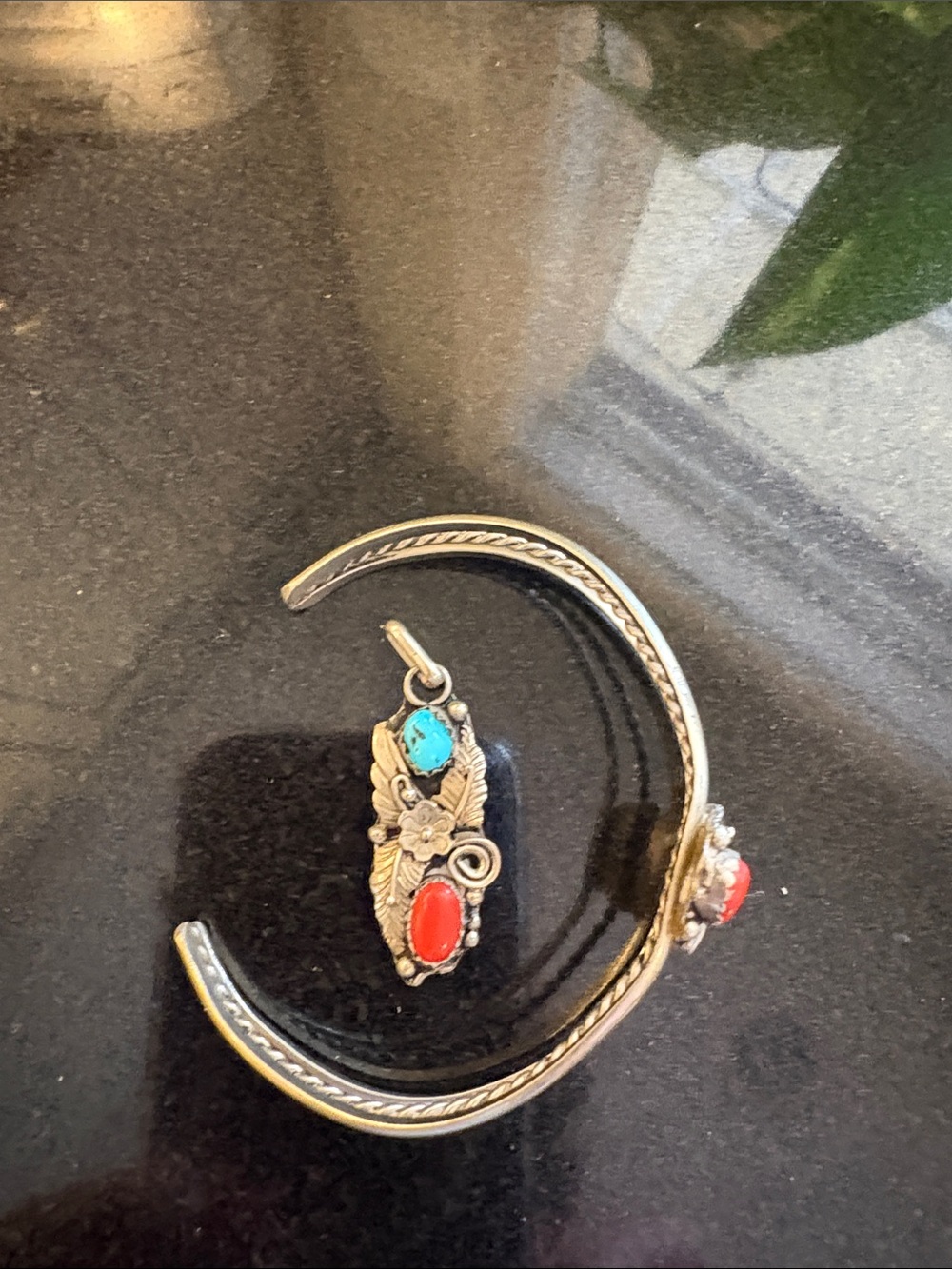 Sterling-Inspired Turquoise & Coral Triple-Row Cuff Bracelet and Pendant - Picture 7 of 7